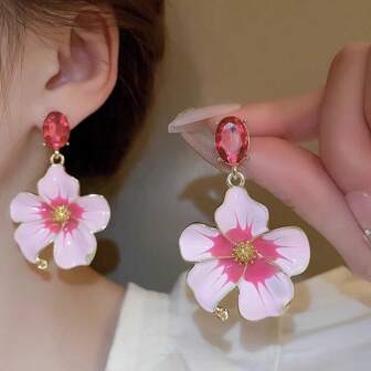 1 Pair Cherry Blossom Drop Earrings With Pink Rhinestones, Japan And South Korea Style Dangle Earrings For Women, Fashion Jewelry