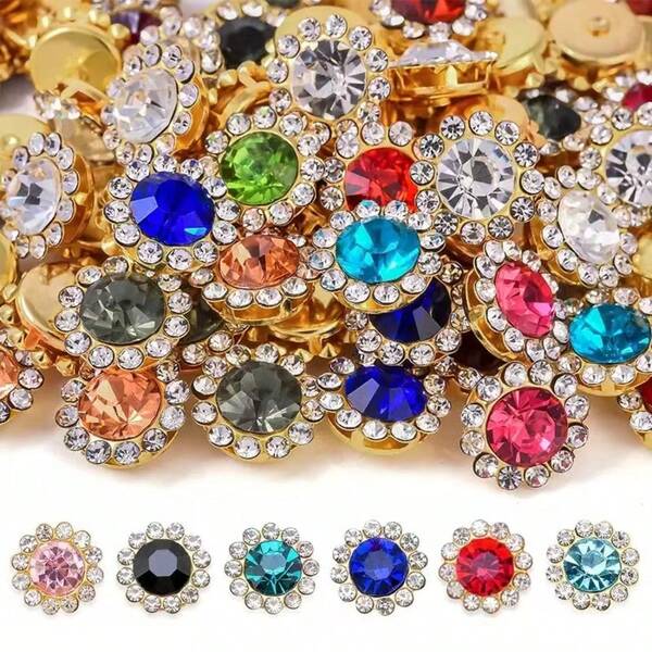 50/100 piezas de botones de rhinestone de girasol de colores mixtos de 10mm/12mm, diseño de flor doble, adornos cosibles DIY para accesorios para el cabello, lazos y manualidades