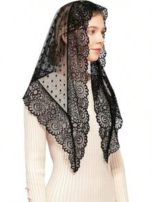Wgior Triangle Vintage Inspired Lace Chapel Veils Catholic Mass Head Covering Scarf Mantilla Veils For Churchhalloween - 黑色 - 查看 1