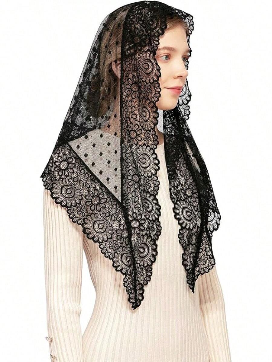 Wgior Triangle Vintage Inspired Lace Chapel Veils Catholic Mass Head Covering Scarf Mantilla Veils For Churchhalloween - 黑色 - 查看 1