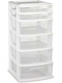 HOMZ Drawer Tower, 6-Tier Clear Plastic Storage Organizer Cart, White Frame - Heavy-Duty Organizing Drawers For Home, Bedroom, And Closet Organization