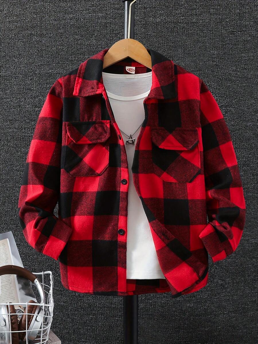 男童格子衬衫，经典翻领长袖格子衬衫，春夏季时尚 - 紅色 - 查看 1