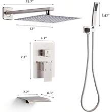 Shower Faucet Set With Tub Spout Brushed Nickel Rainfall Shower System Complete Wall Mounted For Bathroom With 12 Inch Square Shower Head And Handheld Shower Head Rain Mixer Combo Set