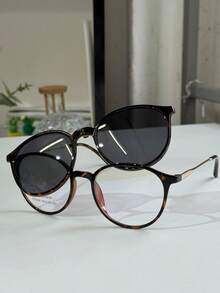 Women's Clip-On 2 In 1 Round Small Size Polarized Lens Eyeglasses Frame PZ948 - Chocolate Brown - View 2