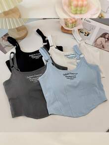女式性感无袖短款刺绣上衣，修身剪裁，甜美风格，适合夏季街头穿着 - 灰色 - 查看 2