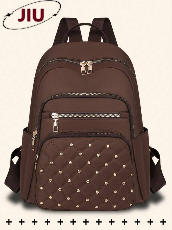 Anti-Theft Rhombus Rivet Backpack Women Purse, Multi-Functional Fashion Day Bag, Multi-Pocket Lightweight Travel Bag, Large Capacity Simple School Bag, Convenient Book Bag, For Students, Travel Vacation, Business Trip, Daily Commuting, Shopping, Office, Dating, Outdoor, Birthday Gift, Holiday Gift, Mochilas