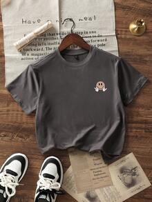 青少年男童学生休闲印花圆领短袖T恤，夏季上衣 - 深灰色 - 查看 4