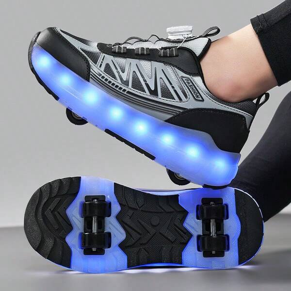 LED Multi-Flashing 4-Wheel Roller Skates, Quick Skating, Detachable Wheels, Fashion Casual 2-In-1 Roller Shoes, Rotary Buckle Adjustable Loose Fit