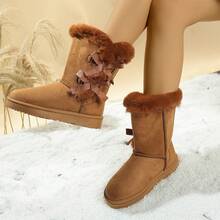 Botas de nieve de media pantorrilla con lazo elegante para mujer, botas casuales versátiles de moda con forro de piel y suela de Thick para la calidez