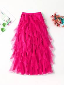 1 件女式不对称波浪层蛋糕裙，网眼蓬松裙 - 玫紅色 - 查看 7