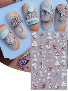 2张红色圣诞5D立体美甲贴纸，图案包括圣诞老人、雪人、雪花、球棒、帽子、围巾、靴子等节日元素，自粘式DIY美甲贴片，美甲用品，送给女性和女孩的礼物 - 彩色 - 查看 3