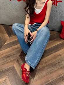 2025新款夏季女式红色魔术贴运动鞋，皮革透气软底休闲鞋，芭蕾平底鞋