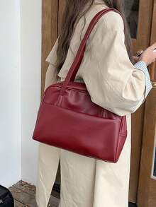 新款韩版枕头手提包复古单肩包大容量手提包上班通勤包不含吊坠（吊坠用于造型，不提供） - 酒紅色 - 查看 5