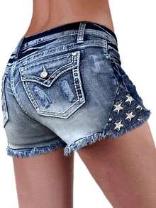Woman Shorts Jeans Mid Waisted Stretchy Ripped Denim Shorts Raw Hem Curvy Mid Waisted Stretchy Ripped Denim Shorts Raw Hem Curvy - Màu xanh lam - Xem 7