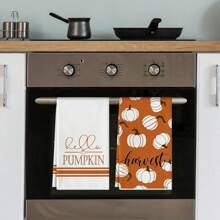 2 pièces Serviette de cuisine d'automne 40x60cm "Hello Pumpkin" Serviette de thé d'action de grâce orange et blanche, utilisée pour Halloween, l'action de grâce, la cuisine et la cuisson.