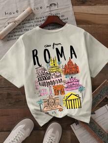 Tricou de damă din bumbac cu nervuri, stil universitar, primăvară-vară, sport nou pentru femei, tricou drapat la modă, moale și respirabil, cu mânecă scurtă, model colorat cu siluetă a arhitecturii emblematice a Romei, imprimat pe ambele părți