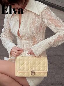 ELVA 白色蕾丝刺绣纽扣镂空复古优雅长袖衬衫，适合日常、度假、约会、婚礼、生日派对等场合。女士衬衫，适合情人节、新年等春季穿着。 - 白色 - 查看 6