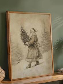 1pc Vintage Santa Claus Sketch, Santa Claus Backpack Wrapped Canvas Poster, Retro Santa Wall Art, Vintage Santa Reindeer Print, Rustic Christmas Printables, Santa Claus Painting, Bedroom Decor, Living Room Decor, Office Decor Home Decor Christmas Decorations