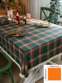 1pc Green Plaid Woven Tablecloth, Vintage American Style With Tassels, Rectangular For Dining Table, Coffee Table, TV Stand, Bedside Cabinet, Suitable For Christmas Holiday Family Gathering Party Decor, Creates Festive Atmosphere - Green - View 17