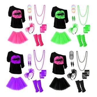 Accesorios de vestuario para mujer para los años 80: camiseta, collar, falda tutú y talla grande para Halloween, fiestas de cumpleaños