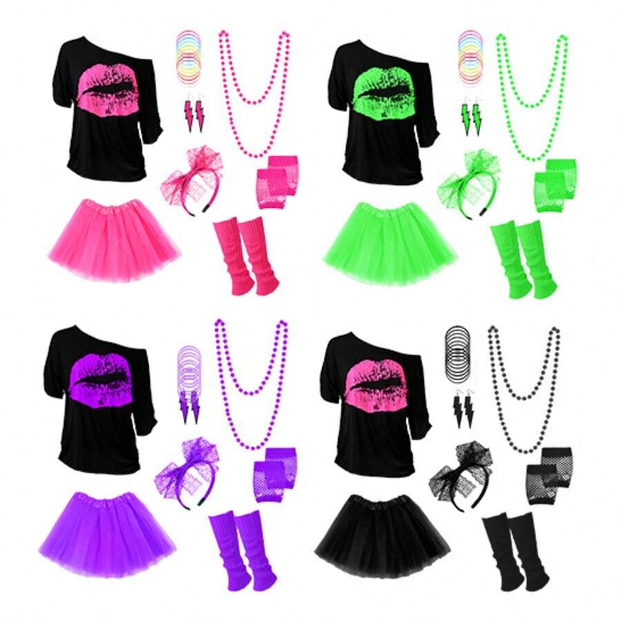 Forever & Moment 80s Outfits Costume Accessories For Women -T-Shirt, Necklace, Tutu Skirt & More For Halloween, Birthday Parties - Multicolor - View 1