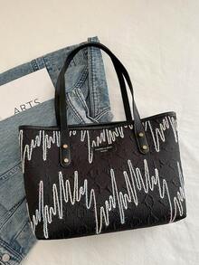 大容量西式个性字母印花托特包，格纹通勤单肩包，女士新款 - 黑色 - 查看 6