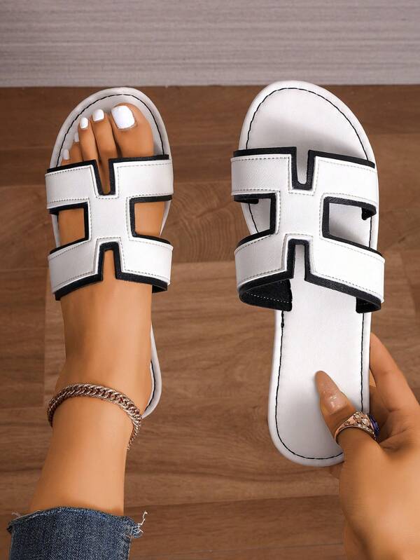 Damen neue Farbblock flache Sandalen mit rundem Zeh, modisch elegant vielseitig einsetzbare Slides, geeignet für Urlaub, Party, Geschenke zu Feiertagen