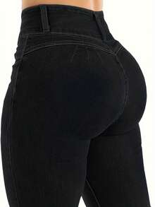 女士提臀牛仔裤，高弹力紧身长裤，时尚优雅，适合约会、通勤、休闲出游 - 黑色 - 查看 1