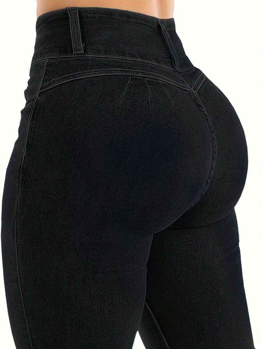 女士提臀牛仔裤，高弹力紧身长裤，时尚优雅，适合约会、通勤、休闲出游 - 黑色 - 查看 1