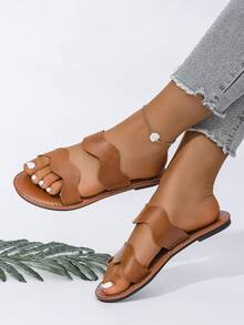 女士平底凉鞋，欧式休闲时尚露趾系带波浪纹沙滩拖鞋