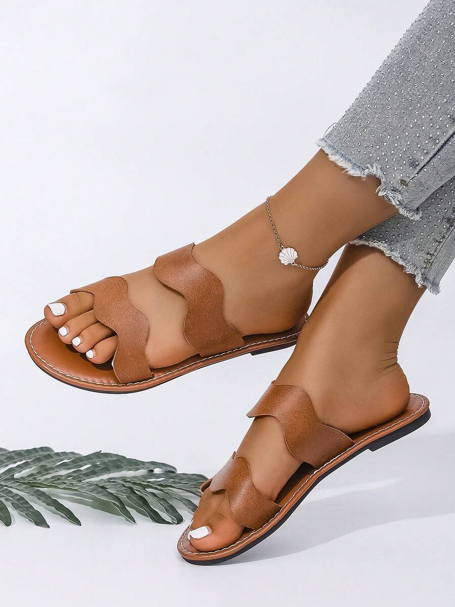 女士平底凉鞋，欧式休闲时尚露趾系带波浪纹沙滩拖鞋