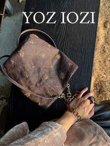 小眾設計珠飾刺繡水桶包 夏季丹寧質感單肩包 新中式時尚百搭 通勤逛街購物女款斜挎包 - 棕色 - 查看 2