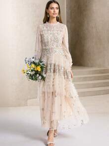 All-Over Ditsy Floral Patchwork Party Elegant And Casual Network Chiffon Multi-Layered Sequined Prom Dress Suitable For Formal Occasions And Daily Wear In Autumn - Apricot - View 1