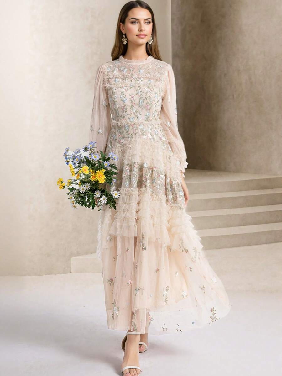 All-Over Ditsy Floral Patchwork Party Elegant And Casual Network Chiffon Multi-Layered Sequined Prom Dress Suitable For Formal Occasions And Daily Wear In Autumn - Apricot - View 1