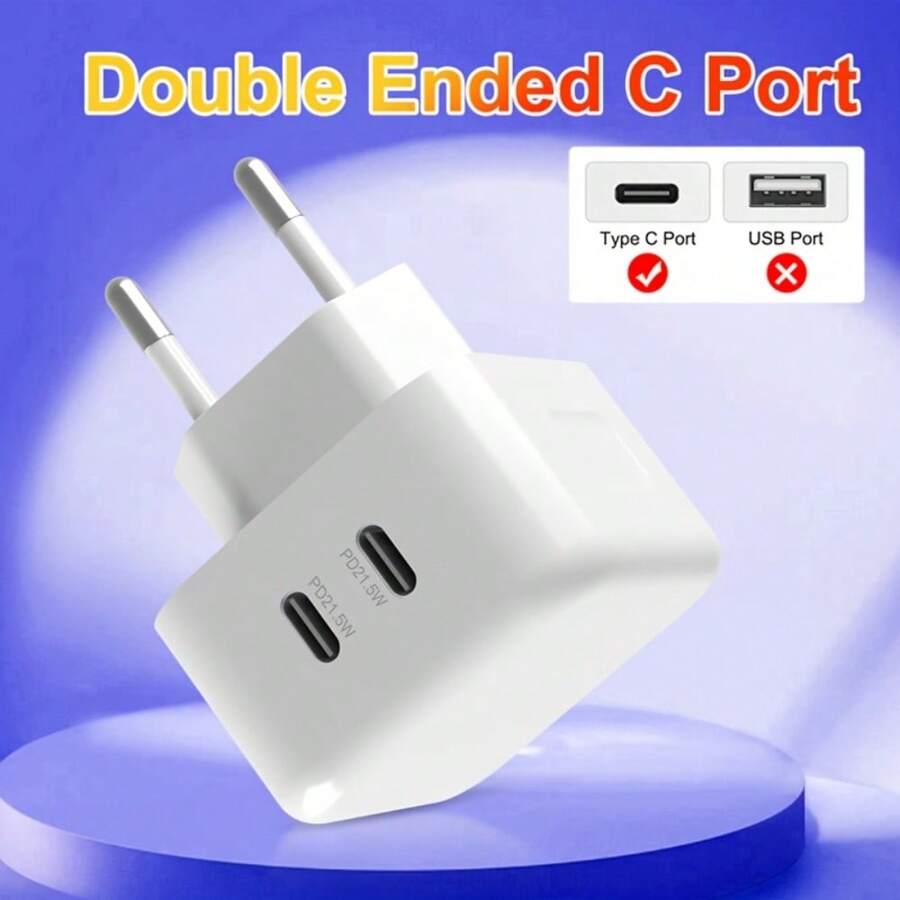 21.5W Dual Port USB-C Fast Charger, Apple Plug, Compatible With IPhone 16/15/14/13/12/11 Pro Max Plus, IPad Pro/Air/Mini, OPPO, Vivo Type-C Devices, EU Plug