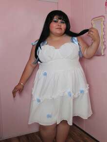 Enliva Karlangas.Toledo Plus Size Blue Ribbon Colorblock White Bustier Style Flared Short Dress Three-Dimensional Flower,Summer,Graduation,Wedding,Beach Dress Sundress,Holiday Outfits Boho,Corset Dress For Women, For Apple Rounded Body Shape