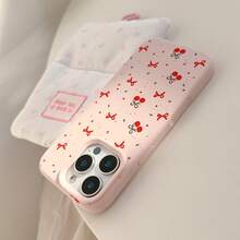 GUCADI 1pc Pink Girl & Red Bowknot Cherry Design Phone Case Compatible With Apple - Pink - View 10