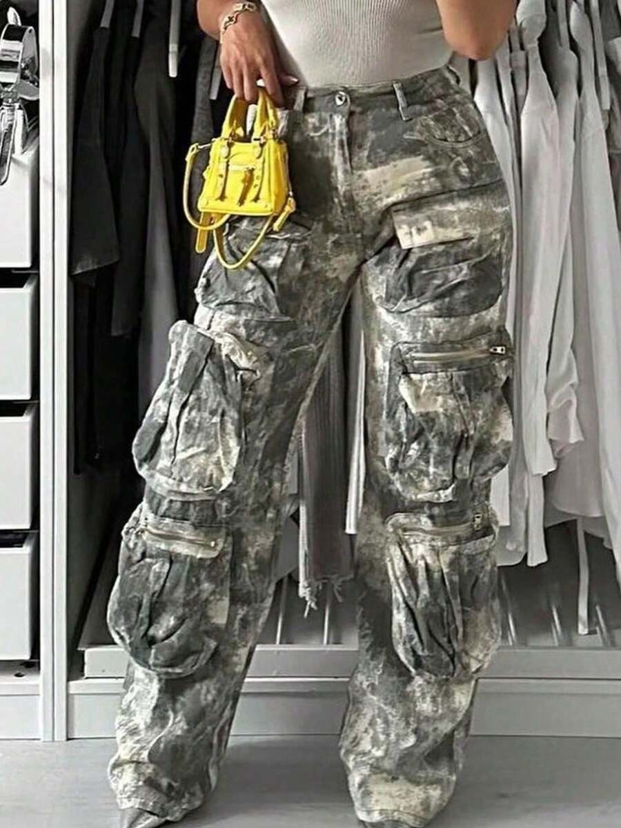 Camo Cargo Pants For Women Sexy High Waist Baggy Pants With Pockets Relaxed Fit Straight Wide Leg Y2K Fashion Cargo Pants - 灰色 - 查看 1