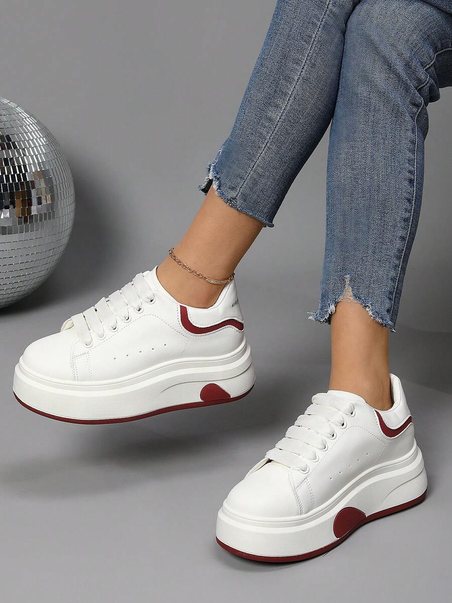 Spring And Summer New White Shoes For Women All-Match Round Toe Color Matching Thick Bottom Heightening Sports Casual Sneakers For Women - Đỏ - Xem 1