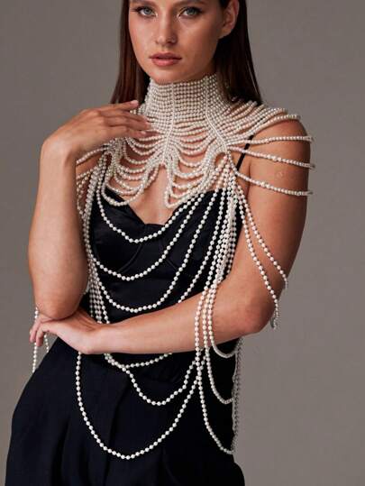 Sexy, Fashionable, Top Chain, Wedding Dress, Nightclub Party Jewelry New Leisure Style Of Simple Faux Pearl Halter Tops Teen Style Cute Beaded Beautifully Cami Vest ,Pearl Bead Body Chain