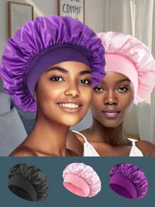 3pcs Women's Stretchy Satin Wide-Brim Sleep Hat, Suitable For Everyday Use