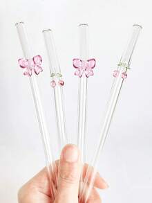 1/2/4Pcs Reusable Glass Straws With Pink Butterfly/Bow Shapes, Shatter Resistant And Heat-Resistant Glass Drinking Straws With Cleaning Brushes, For Cold Drinks, Milk Tea, Coffee, Juice, Smoothies, Kitchens, Restaurants, Cocktail Parties, Back-To-School, Girlfriends/Boyfriends, Parents, Friends, Holiday Supplies,New Year, Valentine's Day. - Pink - View 12