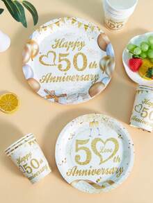 75/25/10件 50週年結婚紀念日派對餐具，金色50週年一次性盤子和紙杯，白色與金色紙餐具套裝派對用品，男女派對禮物 - 彩色 - 查看 5