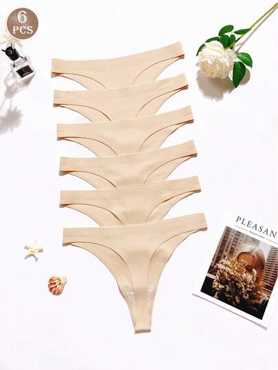 6pcs/Pack Women's Seamless Thongs, Ice Silk Breathable Sports Underwear With Cotton Crotch