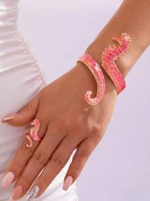 2pcs Bohemian Style Oil Drop Seahorse Ring & Bracelet Jewelry Set, Versatile And Suitable For Men And Women, Great For Beach Vacation, Party, Daily Wear, Graduation, Back To School, Birthday And Holiday Gifts