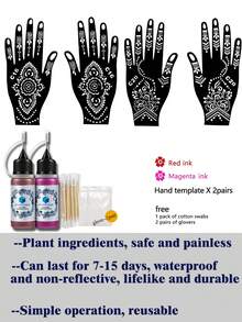 2件套手部模板染料组合套装（左手和右手模板+纹身果汁染料）多图案男女通用半永久手指、手背、双手艺术皮肤绘画防水假纹身模板套装 - 彩色 - 查看 12