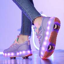 LED 多闪光 4 轮旱冰鞋，快速滑行，可拆卸轮子，时尚休闲二合一轮滑鞋，旋转扣可调节宽松版型 - 紫色 - 查看 7