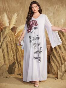 Đầm dài kiểu Ả Rập cỡ lớn dành cho nữ, thêu hoa và đính sequin, thiết kế thanh lịch, thích hợp cho kỳ nghỉ xuân. - Bụi tím - Xem 4