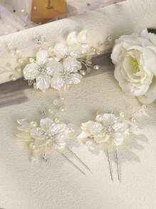 3pcs/Set Bridal Wedding Flower Crystal Pearl Hair Clips, Rhinestone Embellished White Floral Hair Accessories