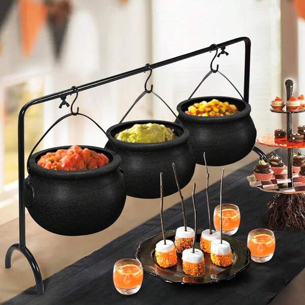 10 pièces/4 pièces/1 pièce Ensemble de mini chaudrons de sorcière d'Halloween, bols à bonbons en plastique noir, décoration d'extérieur pour les fêtes, sans plumes, sans alimentation électrique requise, autoportante, pot de sorcière décoratif en plastique pour le jardin, la pelouse et le patio pour la fête d'Halloween du tour ou du traitement, couleur aléatoire